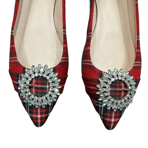 J.CREW Flats Red Stewart Tartan Crystal Buckle RARE - Picture 4 of 11